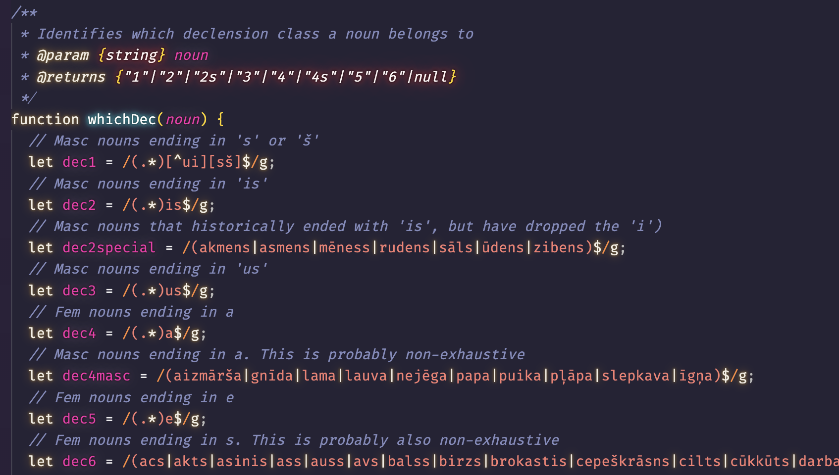 A screenshot of some of the code from my side-project, showing how I used regex to determine the noun class