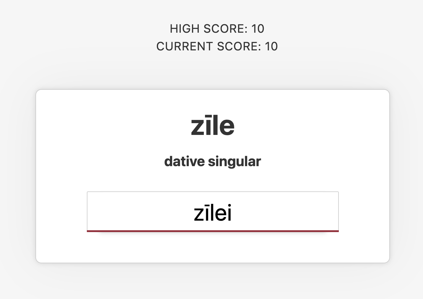 A screenshot of the simple UI, showing the word zīle, and the dative singular form, zīlei