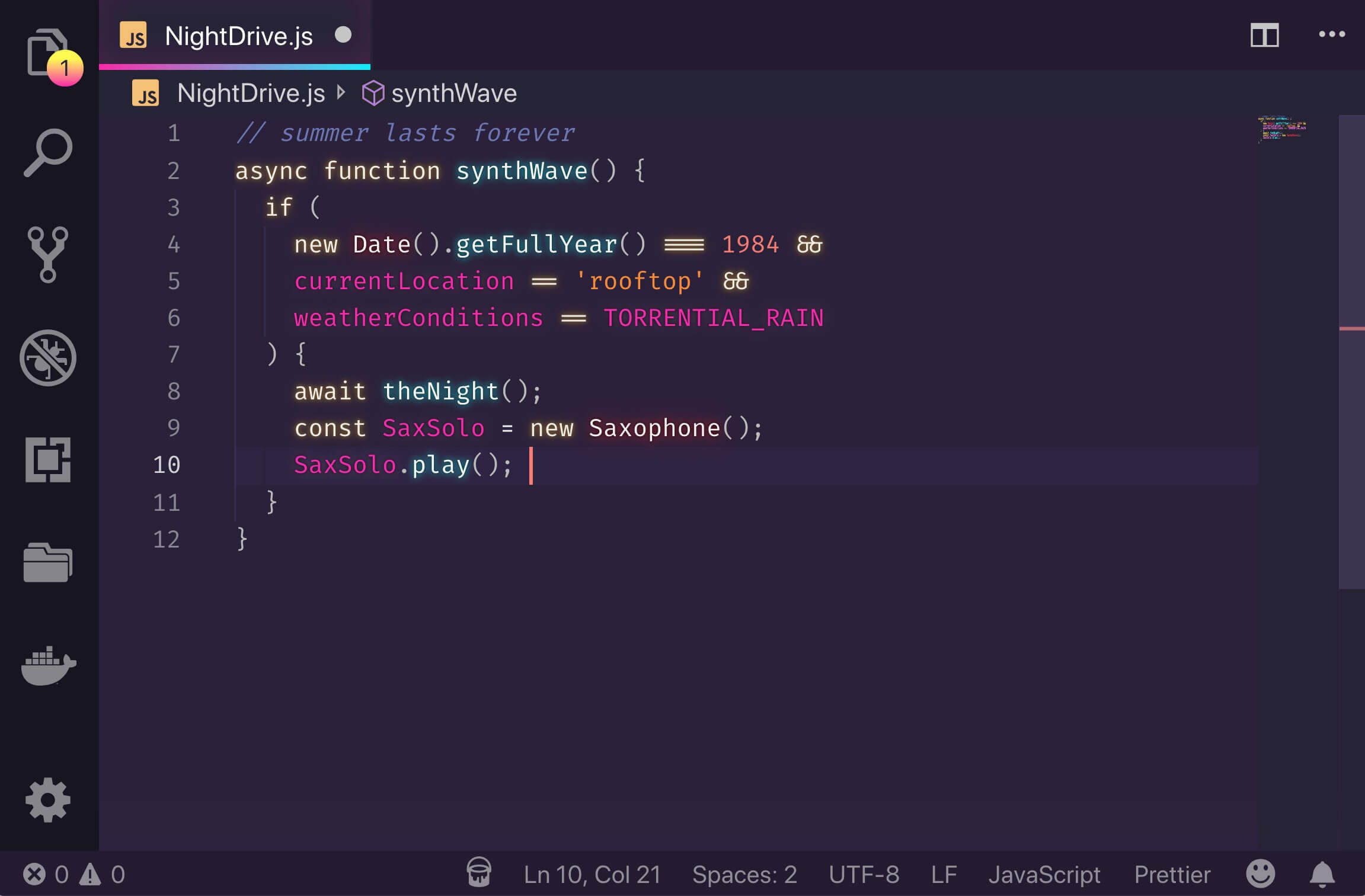 A screenshot of VS Code showing Synthwave '84 in action